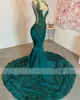 Green Sheer O Neck Long Prom Dress For Black Girls Beaded Crystal Rhinestone Birthday Party Dresses Mermaid Evening Gowns