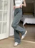 Women's Jeans American Retro Straight Cement Gray Street Style Bottoms Casual Trousers Female High Waist Thin Denim Pants