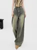 Frauen Jeans Frauen hohe Taille 2024 Herbst Doppelknopf gewaschene Denimhose Reißverschluss Vintage Lose Hose mit Weitbein.