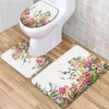 Bath Mats Flowers Mat Set Spring Art Pink Rose Floral Blue Butterfly Low Pile Memory Foam Toilet Cover U-Shaped Carpet