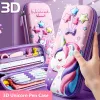 バッグユニコーンペンシルケース3D EVAエンボス加工ペンボックスステーショナリールーラーポーチスクールガール消しゴムホルダーギフトバッグかわいいオーガナイザーピンク