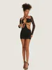 Robes décontractées wsevypo sexy noire en dentelle florale mini robe bandage de découpe féminin croix club bodycon à manches longues pour cocktail de fête