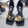 Sandaler 2024 Summer Ankomster Floral Square Toe Thin High Heel Cross Strap Black Dress Women Boots