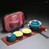 ティーウェアセットポータブルオフィス中国のセラミックティーポットセット旅行茶磁器ティーカップとサービングトレイ注入器ギフト