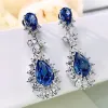 Örhängen Luomansi Solid S925 Sterling Silver Drop Shaped Sapphire Diamond Long Earrings Women's Wedding Anniversary Party Jewelry