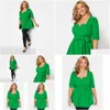 Womens Plus Size T-Shirt Tops Notch Neck Summer Spring Elegant Peplum Top Women Belt Waist 3/4 Length Puff Sleeve Formal Work Office F Dhaxd