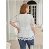 Womens Plus Size T-Shirt White Lace Blouse Shirt 2023 Summer Women Short Sleeve Hollow Out Casual Ladies Tops Clothing U51H Drop Deliv Dhdsu