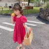 Girls Summer Dress Blobble Maniche Sweet Flow Fashion Style Korea Red Abiti a collo quadrato sciolto 240403