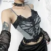 Women's Tanks Camis Y2K Goth Butterfly Print Corset Crop Tops Sexy Lace Mesh See Through Hollow Out Sleeveless Tank Tops Summer Women Slim Camis Y240403