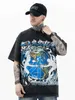 American Heiistar Hell Star Imprimé à manches courtes à manches lavées vintage T-shirt en vrac décontracté pour les hommes et les femmes