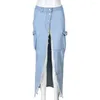 Signe CM.Women Women Fashion Fashion High Light Fla Fild Front and Back Pocket Botton Waist Slim Maxi Long Denim Gonna 2024