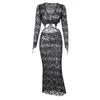 Black Lace Mesh Bodycon 드레스를 통해 보인 여성 2024 가을 섹시한 나이트 클럽 의상 중공 긴 드레스