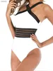 Women's Swimwear Solid Mesh Tape Swimsuit 2023 One Piece Sexy High Neck Swimwear Women Cross Front Bathing Suit Female Padded Beachwear Bodysuit Y240402