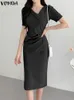 VONDA Summer Dress 2024 Elegant Women Sexy Short Sleeve Solid Color Midi Sundress Bohemian Casual Vestido Robe Femme 240325