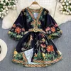 Casual Dresses Fashion Dress for Women V Neck Printing Lantern Sleeve Vestidos Mujer Single Breasted Button A-Line Belt Spring Dropship