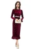 Casual Dresses Women's Runway O Neck Long Sleeves Ruffles Beaded Elegant Fashion Velvet Mid Vestidos