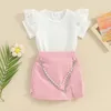 Clothing Sets SUNSIOM 2PCS Girls Summer Clothes Outfits White Short Sleeve Lace Ruffle Tops High Waist Pink Culottes With Chain Set