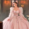 Blush Rose Princess Quinceanera Robes avec bouffée à manches longues 3D Appliques florales Sweet 15 Robe Perge Illusion Top Corset Prom Special Occasion Robe 16 Anos Girls