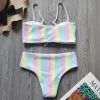 set 916y Rainbow Striped Girl Swimsuit Kids Two Piece Children's Swimwear Tie Up Teenage Girl Bikini Set Bandeau Girls Bathing Suit