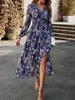 Casual jurken dames herfst bloemenprint lange jurk vintage boho mouw diep v nek ruches trim hoge taille a-line feeststrand