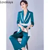 Women's Two Piece Pants Striped Formal Pant Suit Women 2 Set Female Spring Summer Work Wear Blazer And Trousers Fashion Ladies Yellow Blue