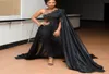 2019 Cape Jacketwrap Style Lace Applicants Prom Dresses Sheath Saudi Arabic Women Formal Party Black One Shoulder Evening Dresses 4859175