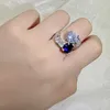 Cluster Rings 925 Silver Bright Light Luxury Advanced Sense Blue Gemstone Square For Women Adjustable Engagement Charm Jewelry