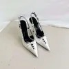 Summer New Sharp Headed Baotou Thin Woven Bow High Heel Shoes Metal Rivet Interwoven Sandals for Women Black and White