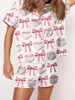 Hemkläder Kvinnor Pyjamas Set 2 -stycken Loungewear Suits Bowknot Baseball Print Kort ärmknapp upp lösa toppar och shorts sömnkläder