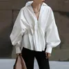 Women's T Shirts Uoozee Women Fashion Simple White Solid Color Lapel Pleated Blouses 2024 Spring Summer Long Sleeves Loose Tops