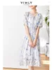 Party Dresses Vimly Blue Print Midi Beach Dress For Women 2024 Fashion Holiday French Elastic Waist Short Sleeve Flowy Elegant Summer
