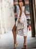 Summer Sexy Midi Dres Fashion White Floral Print Backless Sungreses Sungriess Casual Slim Slit Dooveless платье 2024 240402