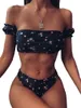 2024 Floral Off Shoulder Bikini Kvinnliga baddräkt Kvinnor Badkläder Twopieces Set Mid Waist Bather Bathing Swim V1671 240322