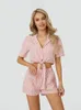 Home Clothing Women Pajamas Set 2 Pieces Loungewear Suits Striped Front Tie Knot Short Sleeve Shirts Crop Tops Shorts Sleepwear Homewear