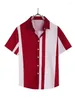 Camisas casuais masculinas 2024 Red Block Block Stripe Graphic Sleeve Sleeve Botão do topo solto Hawaiian para a praia de férias de verão