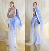 Azzi Osta Blue Evening Dresses Satin Lace 3D Floral Appliqued One Shoulder Gorgeous Prom Dress Sweep Train Girls Pageant Gowns5296493