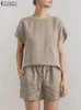 ZANZEA 2023 Mulheres de verão combinando conjuntos de algodão curto Mangas de shorts feminino Tops de traje casual feminino
