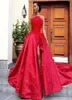 Glamorous Red Ball Gown Prom Dress Sexy Feather Lace Applique Split LaceUp Evening Dress Attractive Sweep Train Celebrity Red Car9412382