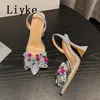 Liyke Strange Style Blue High Heels Mules Sandals Summer Fashion Crystal Denim Bowknot Pointed Toe Party Dress Shoe Pumps 240321