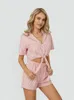 Home Clothing Women Pajamas Set 2 Pieces Loungewear Suits Striped Front Tie Knot Short Sleeve Shirts Crop Tops Shorts Sleepwear Homewear