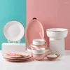 Plakalar Moda Nordic Bone China Set Beyaz Yemek Takımı Mutfak Tatlı Yemek Altın Kenar Sofra Takım Porselen Pembe