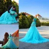 Kleider 2017 Hijab Brautkleider Arabisch Blau Tüll Spitze Kristall Brautkleider Eine Linie Sweep -Zug Langarm Muslim Brautkleider Custo