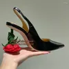 Dress Shoes Flower Heel Women Slingback Pump Black Matte Leather Pointed Toe Sculpted Rose Runway Celebrating Evening