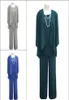 Fashion Teal Sliver Lace Royal Mother of the Bride Groom Pants Suits Three Pieces with Jacket Plus size Chiffon Party Evening Form6839820