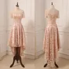 Rose Gold Lace Prom Dress High Low Off Shoulder med ärmarna 2022 Lace Up Back Designer Billiga kväll Formella klänningar NY6981854