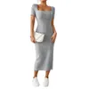 Summer Hipcovering Slit Dress Elegant Square Neck Knitted Midi for Women Solid Color Split Hem Party Commute 240321
