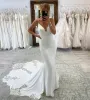 Abiti Boho Spaghetti Mermaid Wedding Dresses Sexy Wexless Ivorio Long Avorio Satin Beach Gowns Appliques in pizzo Vneck Summer Bride Wear B