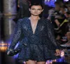 Amazing Luxury 2015 Elie Saab Runway Vneck Aline Taffeta Dark Navy Cocktail Dress Long Sleeve Formal Evening Gowns1717512