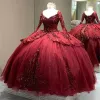 Kleider Burgundery Sparke Quinceanera Kleider 2022 Langarm Ladera Corsett Blumen Pailletten Prinzessin süß 15 Prom Ball Kleid Vestidos de