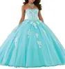 Элегантные бретелек 2019 Женские платья Quinceanera Ball Hown Soft Tule Debutante Dembutante для Sweet 15 Girls без спинки аппликации 6743504